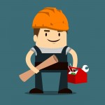 animated cartoon builder with a toolbox and plans