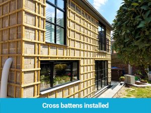 Cross battens installed prior to installation of timber cladding